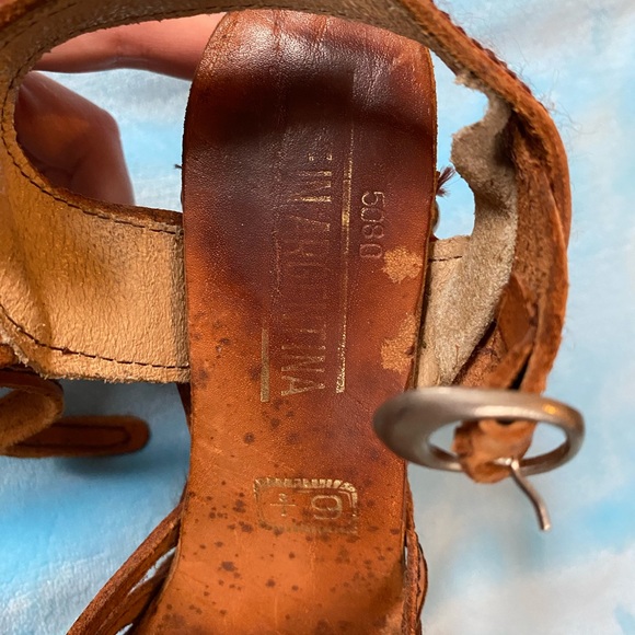 Vintage 70s 6.5 Wooden Platform Heels Sandals Leather 1970s Hippie Cher Disco - Picture 12 of 12